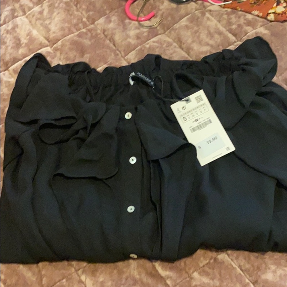 Zara black off the shoulder button down blouse